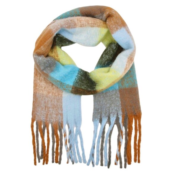 NEW Large Chunky Scarf Wool Mohair Multi Plaid Thick Fuzzy Long Fringe Winter - Picture 3 of 11